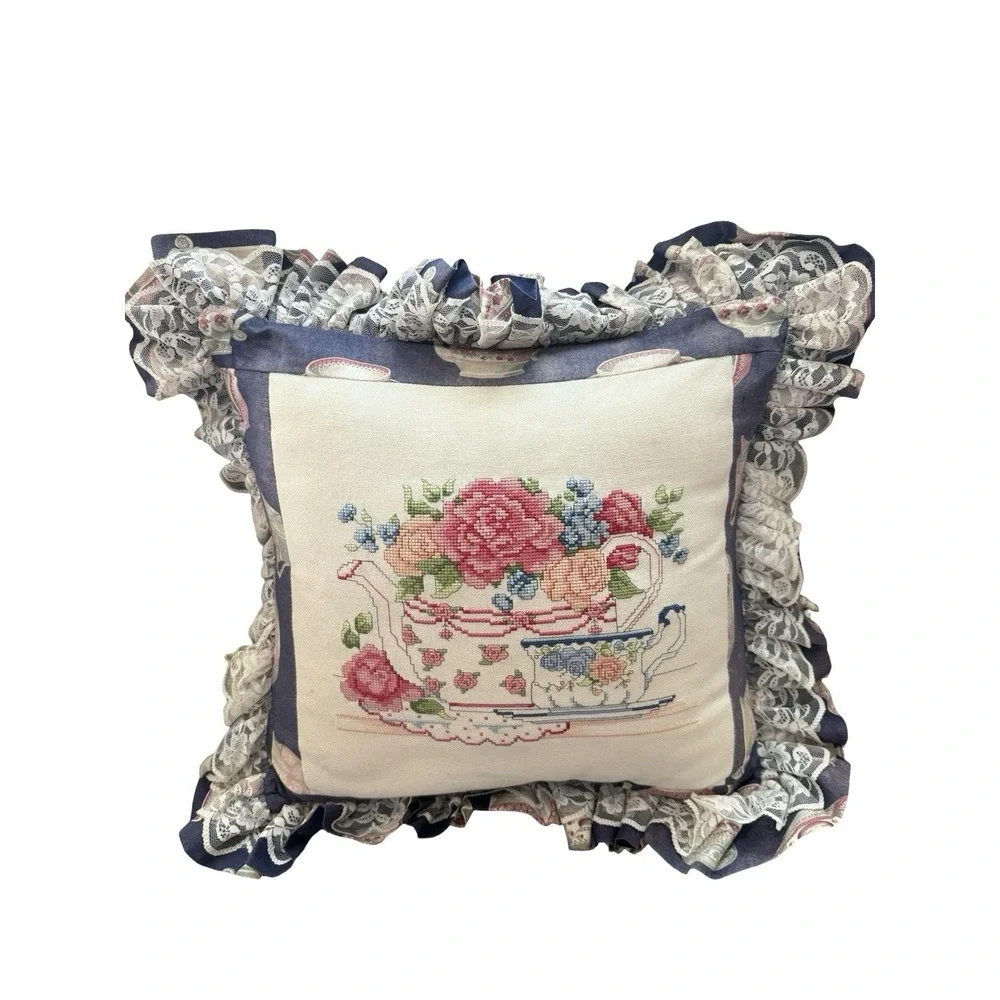 Vintage Handmade decorative pillow needlepoint‎ floral teacup grandmacore